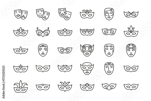 Carnival mask vector line icon set. Collection of masquerade, theater, Venetian, and Mardi Gras festival masks. Happy and sad emotion faces for party anonymous disguise.