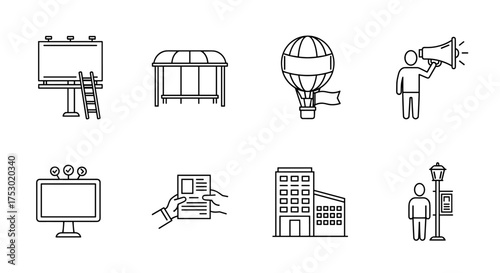 Advertising marketing icon set. Thin line art vector symbols for outdoor promotion. Includes billboard, bus stop, hot air balloon, megaphone, flyer, and public announcement.
