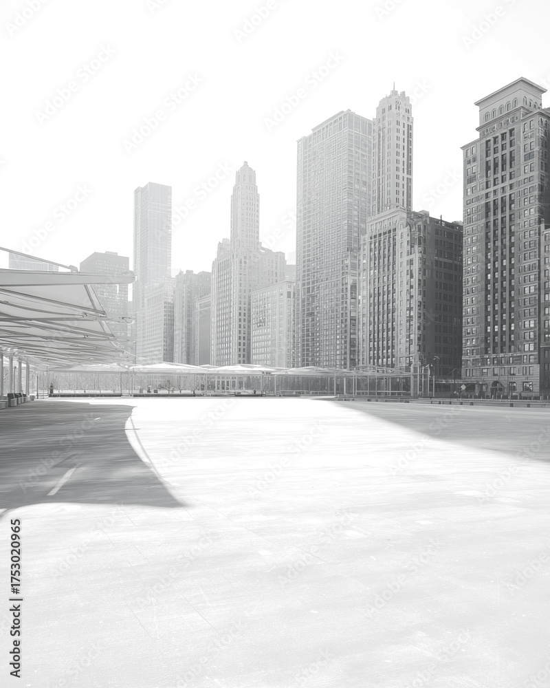 Fototapeta premium Grey cityscape silhouette with buildings on a foggy day, road in foreground