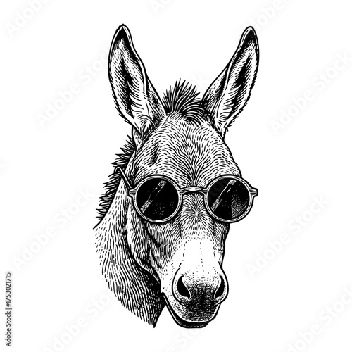 Cool Donkey Head with Sunglasses Engraving Vector Illustration