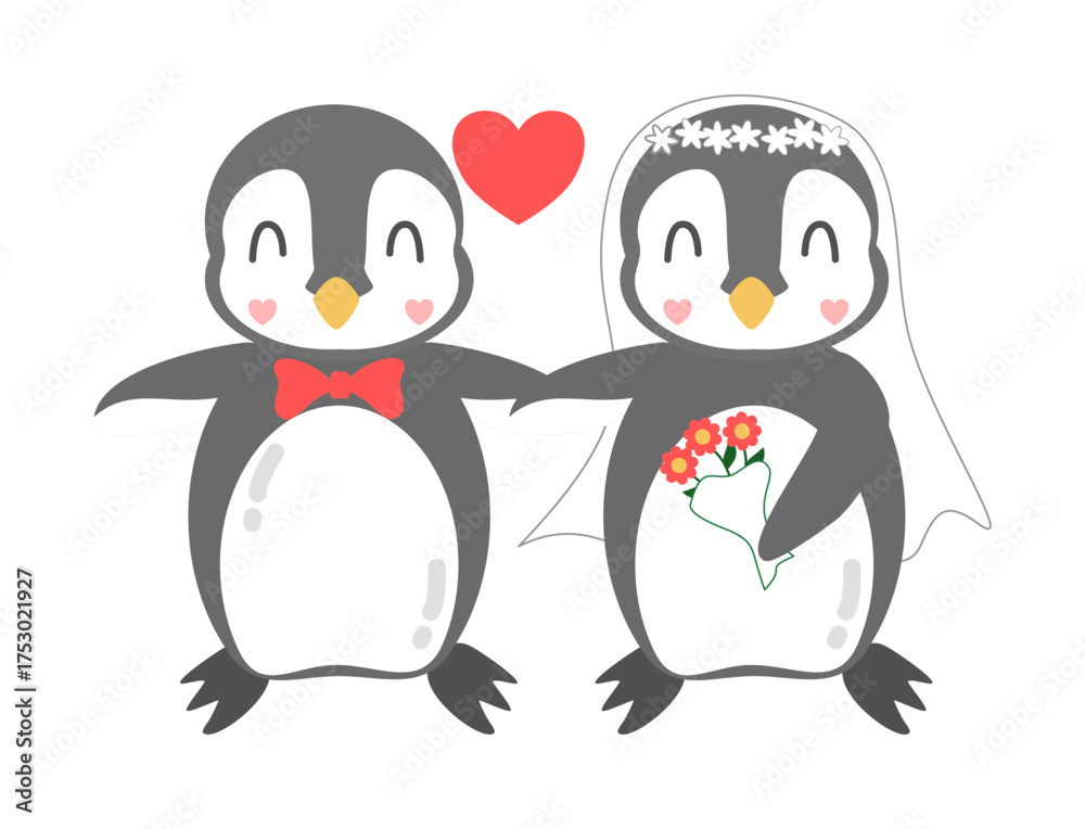 Fototapeta premium Cute Penguin Wedding Couple Clipart, Bride and Groom with Bouquet and Heart