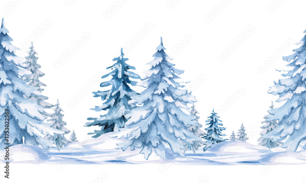 Fototapeta premium A seamless border of snow-covered Christmas trees. Isolated watercolor illustration for New Year's and Christmas interiors, greeting cards, and printing on home textiles and clothing.