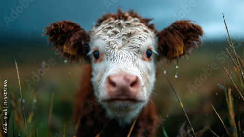 A captivating close-up of a young calf looking directly at the camera with curious eyes amidst a green field, representing innocence and the beauty of nature's life.