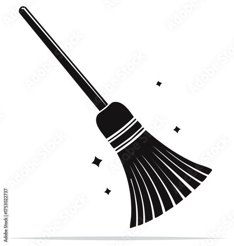 Black Broom with Clean Sparkle Effect Isolated on White Background Cleaning Symbol