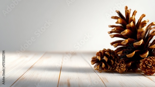 This image features beautifully arranged pine cones on a light wooden surface, showcasing their intricate textures and warm colors in an inviting natural setting.