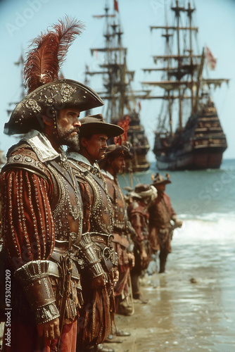Spanish conquistadors stand on the ocean shore meeting the leader of the Incas