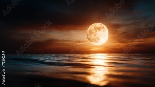 A stunning view of the moon reflecting over tranquil waters at dusk, creating a magical atmosphere with vibrant clouds and a serene ambiance to captivate the viewer.