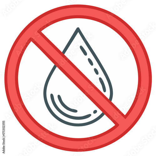 Icon of a water drop crossed out with a prohibition sign. Symbolic illustration for a forbidden action related to liquids or spills.