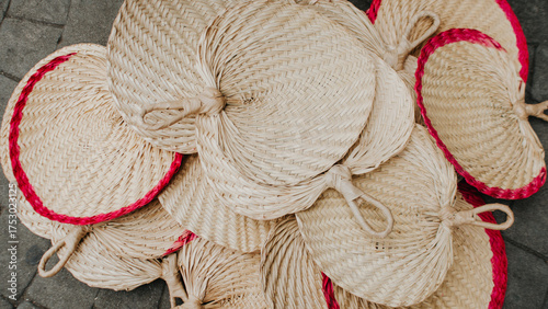 Handcrafted Woven Straw Fans with Red Edging Made in The Philippines