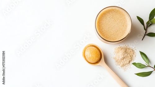 Wallpaper Mural Flat lay of matcha tea set with powder and fresh leaves on a clean white background, perfect for healthy lifestyle concepts. Torontodigital.ca