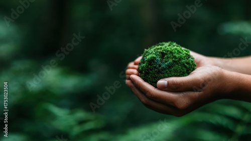 A close-up of hands cradling a vibrant green moss ball, symbolizing the connection between nature and humanity, set against a blurred background of rich foliage.