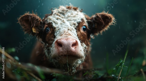 A close-up of a curious calf standing in a lush, green forest, enhancing the connection between nature and innocence, capturing a heartfelt moment in the wild surroundings.