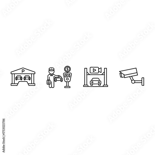Parking icons. Car park symbol. Valet service. Payment meter. Garage. CCTV. Security camera. Vehicle safety. Transportation concept. Urban infrastructure. Line art vector set.