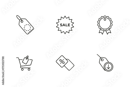 Set of sale and discount line icons. Price tag, shopping cart, special offer badge, and percent label. Vector graphic elements for e-commerce, promotion, and marketing.