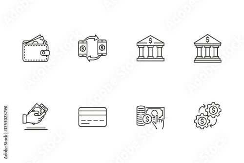 Finance and money line icon set. Vector illustration of banking, mobile payment, credit card, and cash. Business concepts like transaction, investment, and financial management.