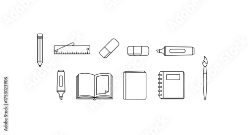 School supplies line icon set. Vector collection of stationery for office and education. Includes pencil, ruler, eraser, notebook, book, marker and paintbrush. Art concept.