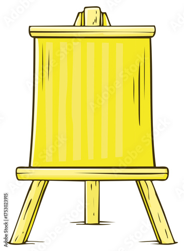Hand drawn wooden artist easel with a blank yellow striped canvas for creative concepts