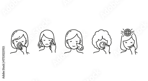 Skincare routine steps icon set. Woman with acne, pimples, applying mask, washing face. Dermatology and cosmetology concept. Allergy and skin problems vector illustration.