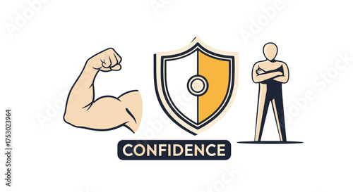 Confidence vector icon set. Strong arm for power, shield for protection, and self-assured person. Metaphor for empowerment, resilience, self-esteem, and mental strength.