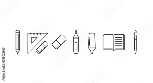 School and art supplies line icon set. Vector collection of creative tools including pencil, ruler, eraser, highlighter, marker, book, and paintbrush for education and design.