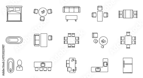 Furniture top view icon set for architectural floor plans. Vector outline symbols for interior design projects. Collection includes bed, sofa, table, chairs, kitchen & bath.