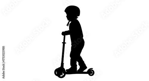 Silhouette of a child riding a scooter wearing a safety helmet. Concept for kids outdoor activity, urban mobility, fun, leisure, exercise, transport, and children's safety.