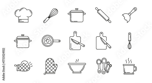 Cooking and kitchen utensils line icon set. Chef hat, pot, pan, whisk for baking, rolling pin, oven mitt. Cookware vector icons for culinary and restaurant menu design.