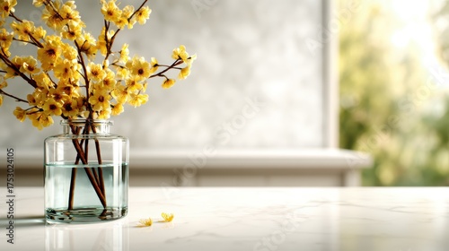 A mesmerizing arrangement of yellow cherry blossoms in a glass vase, capturing the essence of spring and the beauty of nature in a serene and elegantly styled setting.