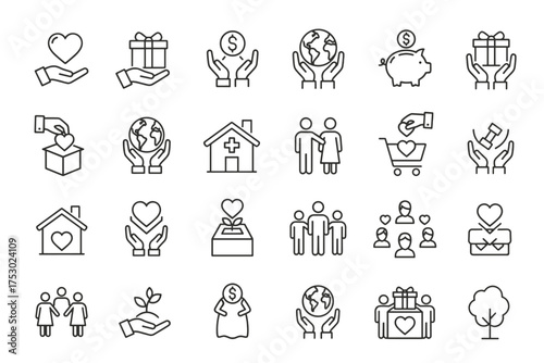 Charity and donation outline icons. Symbols of giving, love, help, and support. Includes concepts for fundraising, community, volunteering, humanitarian aid, and healthcare.