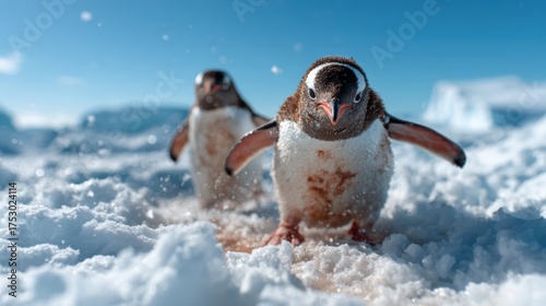 Two Gentoo penguins waddling elegantly across a snowy landscape under a bright blue sky, showcasing the beauty of wildlife in freezing temperatures and their playful nature.
