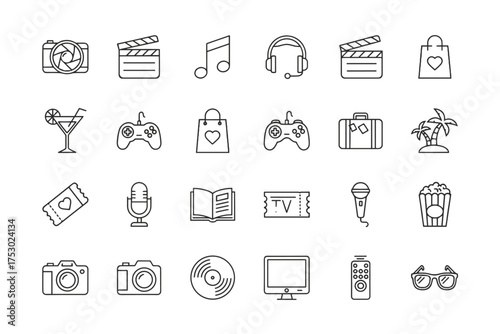 Big set of entertainment, media and leisure outline icons. Includes cinema, music, gaming, travel, shopping and reading. Thin line vector symbols for web, apps and design.