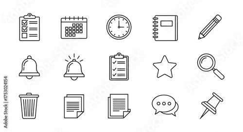 Business productivity line icon set. Vector collection of office symbols for web app user interface design. Includes calendar, clock, checklist, notification, search, trash, star.