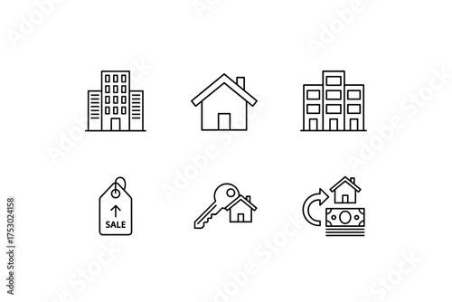 Real estate line icon set. Property investment and mortgage concept. House and apartment building symbols. Home for sale sign, key, and money transaction vector icons.