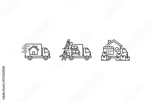 Moving truck with home delivery icon, furniture loading and logistics calendar planning, fast relocation service concept, house moving and packaging vector illustration