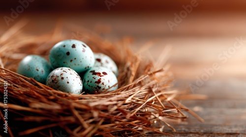 This charming image captures a nest filled with beautifully speckled blue eggs amidst natural straw, showcasing the delicate beauty of nature and the wonder of new life.