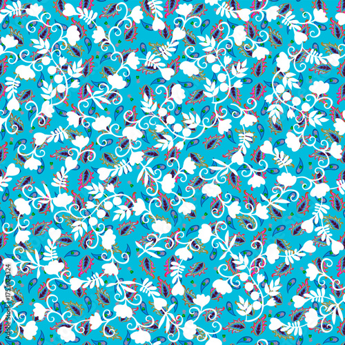 Beautiful intricate floral seamless fabric print with white patterns on light...