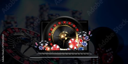 Digital illustration, banner, online casino background: laptop with roulette wheel, chips, and dice on a dark, blurred background with roulette wheel, chips, and dice with copy space. Modern gambling