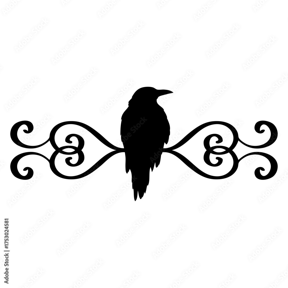 Fototapeta premium Logo con silueta de cuervo negro con filigrana caligráfica. Silueta con florituras para su uso en tarjetas y felicitaciones de Halloween