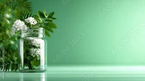 A beautifully arranged jar filled with white flowers and green leaves, set against a calming soft green background, creating a serene atmosphere perfect for home decor.