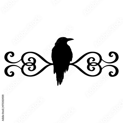 Logo con silueta de cuervo negro con filigrana caligráfica. Silueta con florituras para su uso en tarjetas y felicitaciones de Halloween