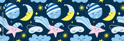 Good Night seamless pattern with cute stars moon earth and sleeping mask. Sweet dreams background. Vector illustration for print, textile, nursery, paper.