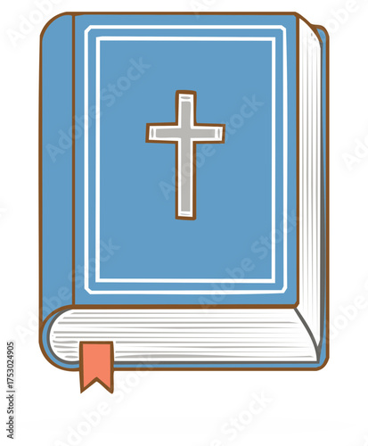 Simple Blue Bible Illustration with Cross Motif and Page Marker for Religious Concepts
