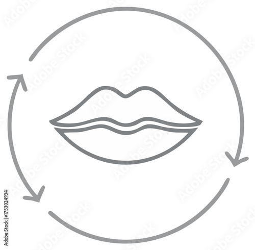 Stylized lips surrounded by circular arrows indicating rotation or movement, graphic icon in gray hues, simple linear aesthetic.