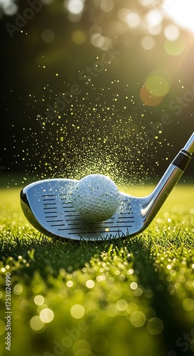 Golf club striking ball green grass golf ball