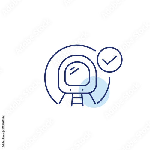Subway train on rails in subway and checkmark. Certified commute, approved transit. Pixel perfect, editable stroke vector icon