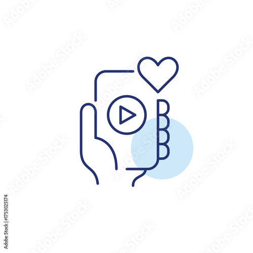 Phone in hand with playback app and heart. Favorite videos, trusted streaming. Pixel perfect, editable stroke vector icon