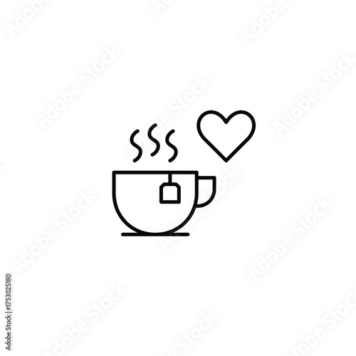 Mug with tea bag, hot drink and heart. Morning comfort and cafe. Pixel perfect, editable stroke vector icon