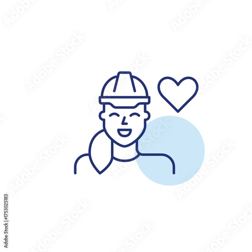 Woman in hard hat and heart. Workplace safety, trusted construction care. Pixel perfect, editable stroke vector icon