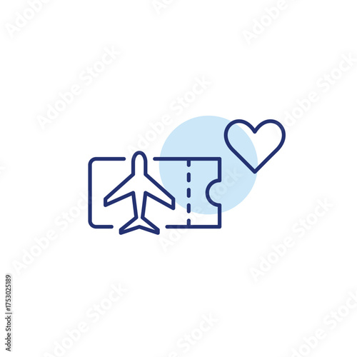 Plane ticket and heart. Romantic getaway, safe flights. Pixel perfect, editable stroke vector icon