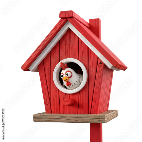 Red Birdhouse with Chick Inside